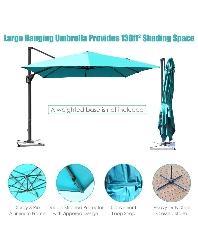 10 x13 Feet Rectangular Cantilever Umbrella with 360° Rotation Function-Turquoise - Turquoise - Outdoor Umbrellas