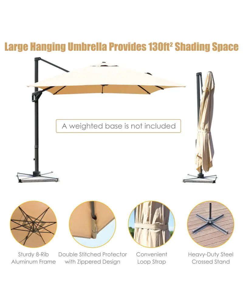 10 x13 Feet Rectangular Cantilever Umbrella with 360° Rotation Function-Beige - Beige - Outdoor Umbrellas