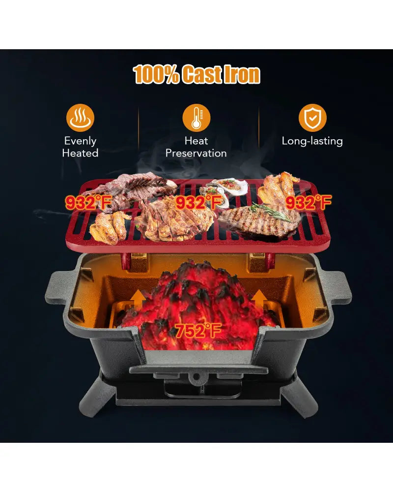 100% Cast Iron Hibachi Grill with Grill Grate Lifter - Black - Outdoor Grills