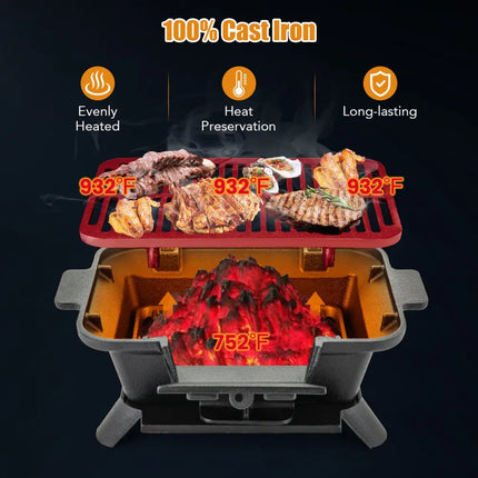 100% Cast Iron Hibachi Grill with Grill Grate Lifter - Black - Outdoor Grills