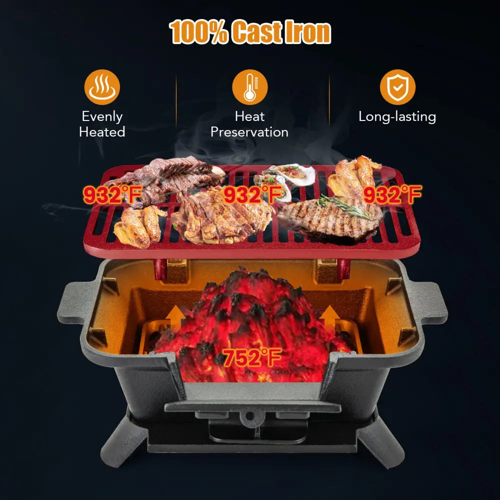 100% Cast Iron Hibachi Grill with Grill Grate Lifter - Black - Outdoor Grills