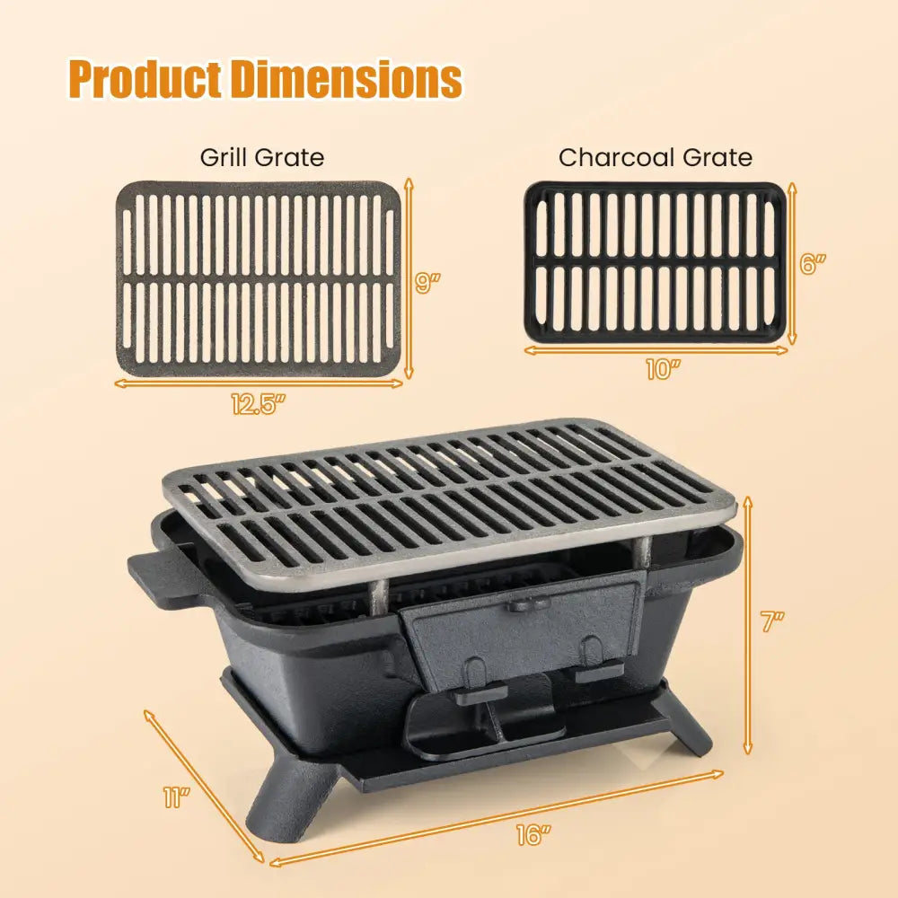 100% Cast Iron Hibachi Grill with Grill Grate Lifter - Black - Outdoor Grills