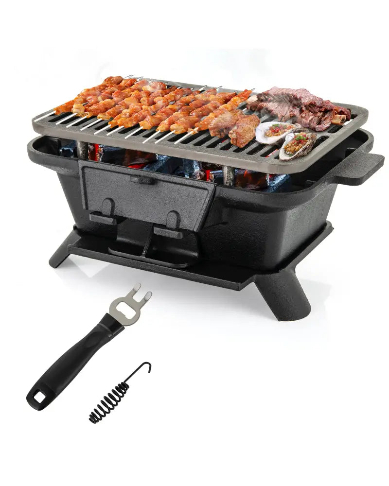 100% Cast Iron Hibachi Grill with Grill Grate Lifter - Black - Outdoor Grills