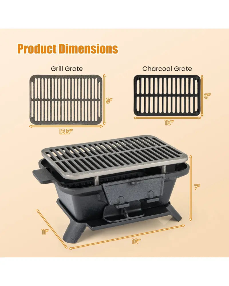 100% Cast Iron Hibachi Grill with Grill Grate Lifter - Black - Outdoor Grills