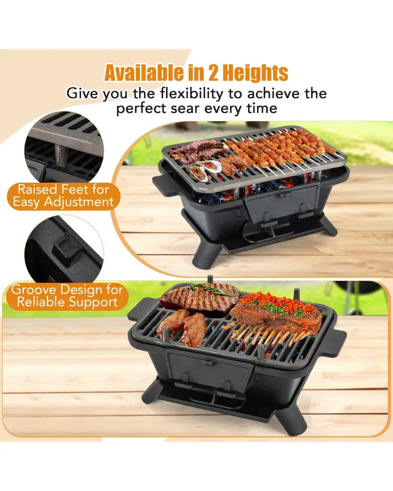 100% Cast Iron Hibachi Grill with Grill Grate Lifter - Black - Outdoor Grills