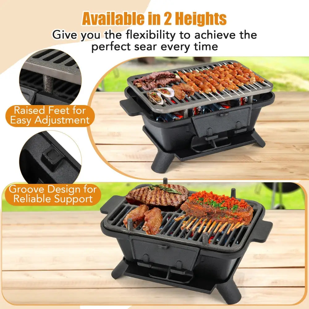 100% Cast Iron Hibachi Grill with Grill Grate Lifter - Black - Outdoor Grills
