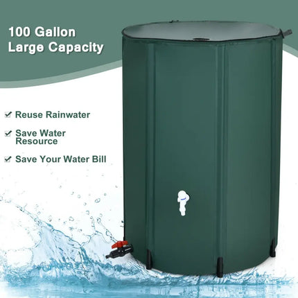 100 Gallon Portable Rain Barrel Water Collector Tank with Spigot Filter - Green - Watering & Irrigation