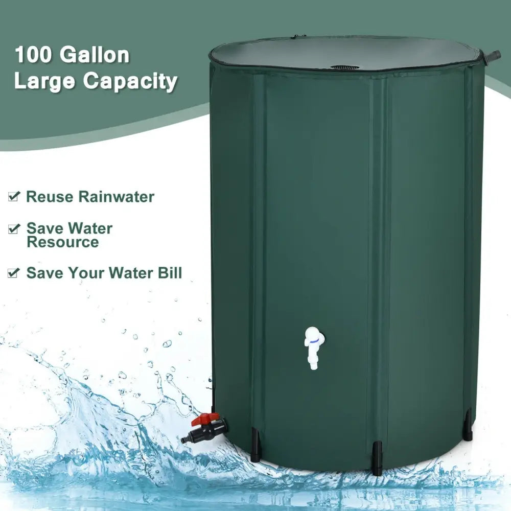100 Gallon Portable Rain Barrel Water Collector Tank with Spigot Filter - Green - Watering & Irrigation