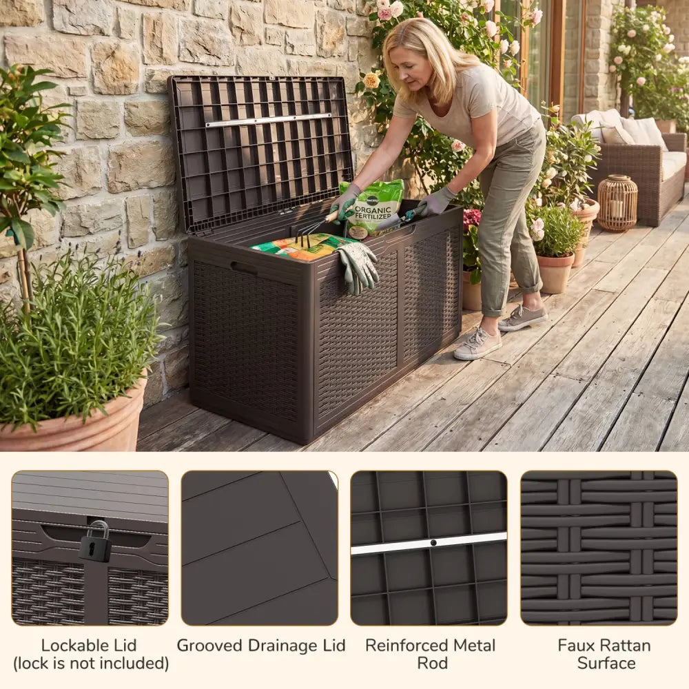 100 Gallon Resin Deck Box Outdoor Waterproof Storage Bench-Brown - Brown - Sheds & Outdoor Storage