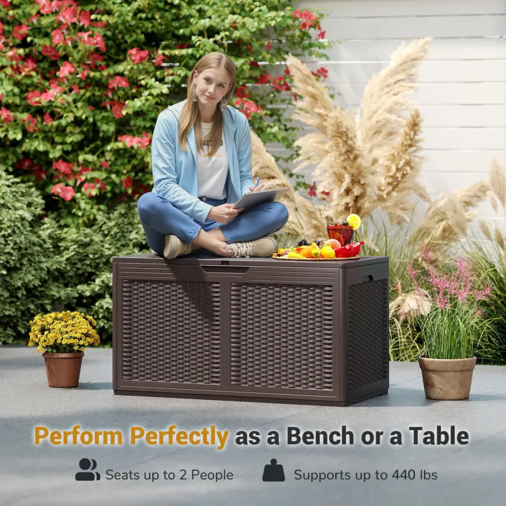 100 Gallon Resin Deck Box Outdoor Waterproof Storage Bench-Brown - Brown - Sheds & Outdoor Storage