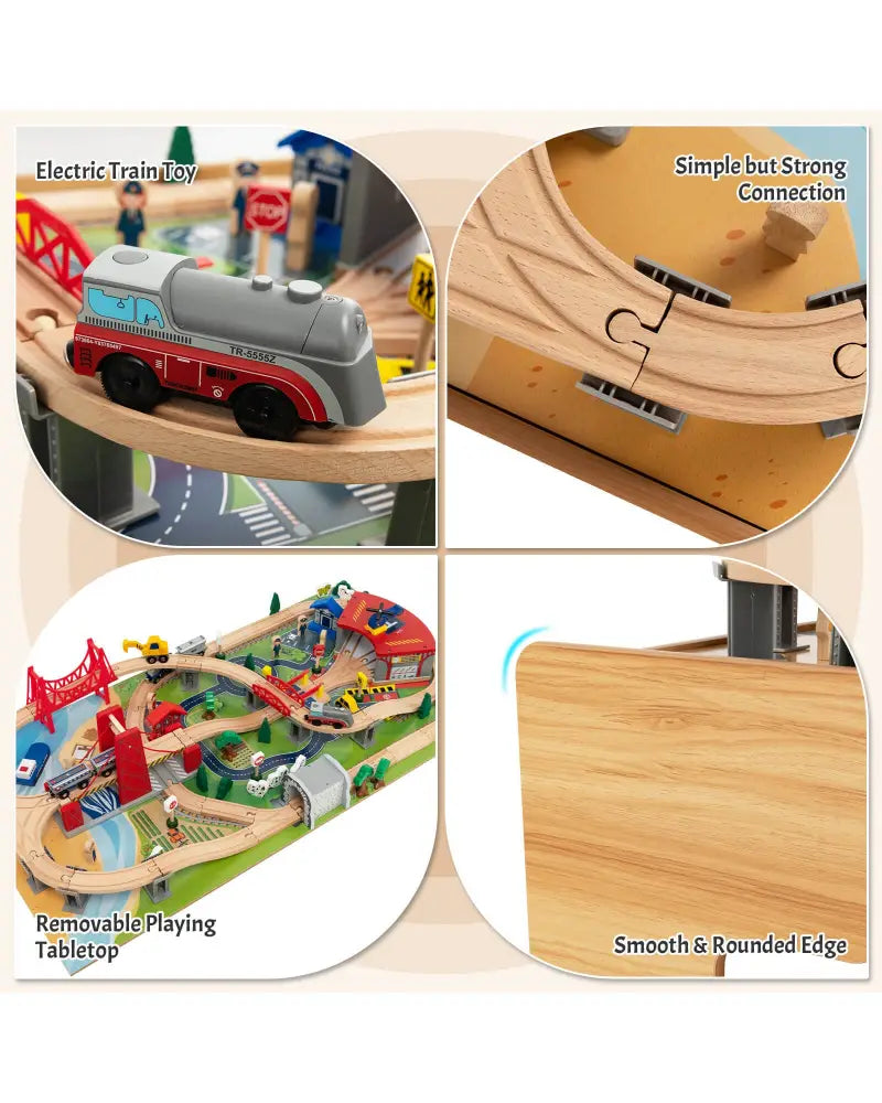 100-Piece Double-Sided Wooden Train Set Table with Storage Drawer for Kids Age 3 + Natural - Learning Toys