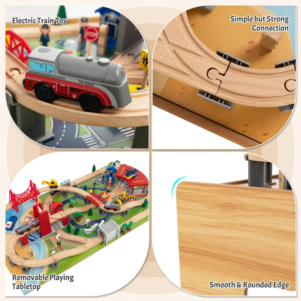 100-Piece Double-Sided Wooden Train Set Table with Storage Drawer for Kids Age 3 + Natural - Learning Toys
