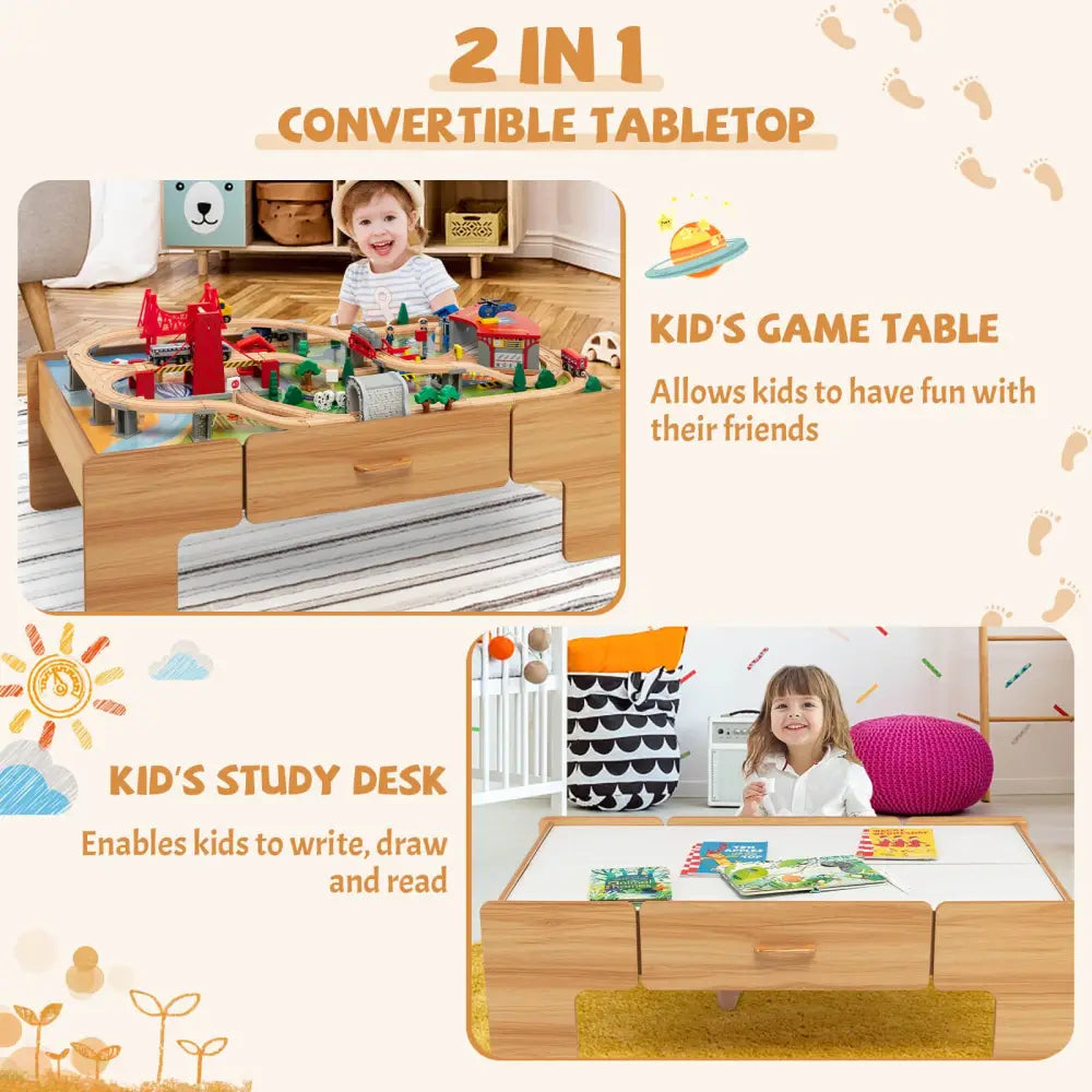 100-Piece Double-Sided Wooden Train Set Table with Storage Drawer for Kids Age 3 + Natural - Learning Toys