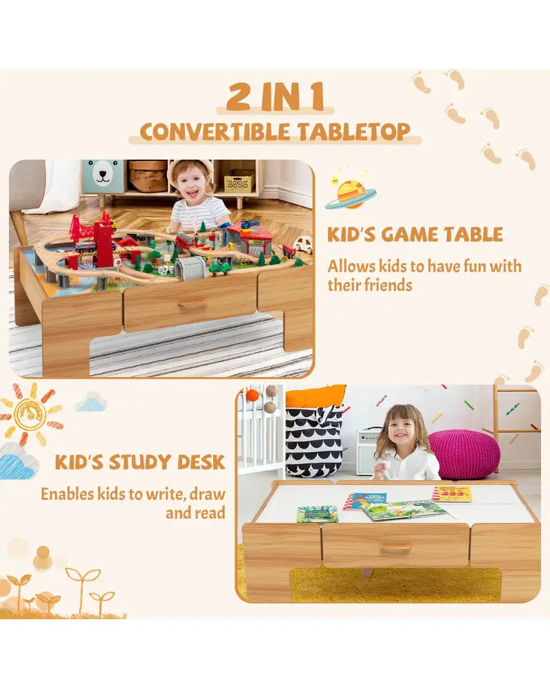 100-Piece Double-Sided Wooden Train Set Table with Storage Drawer for Kids Age 3 + Natural - Learning Toys