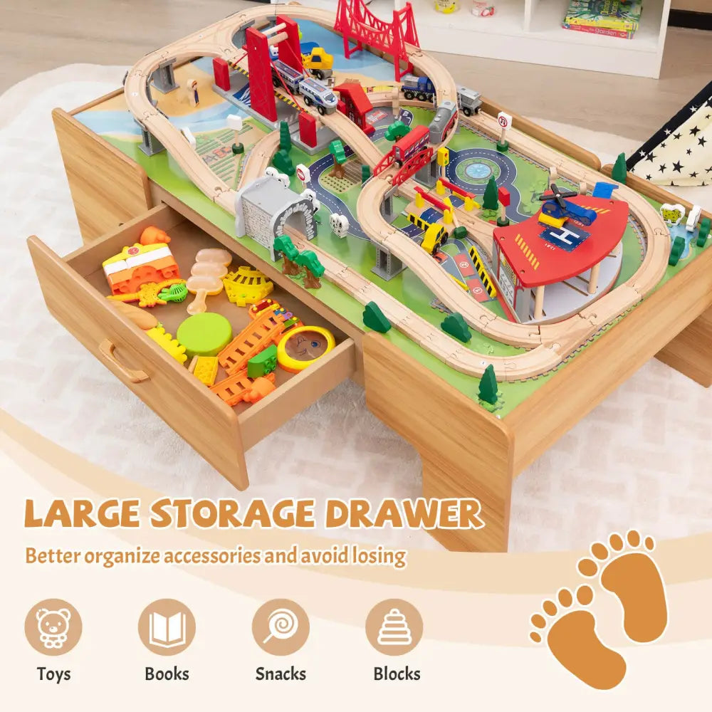 100-Piece Double-Sided Wooden Train Set Table with Storage Drawer for Kids Age 3 + Natural - Learning Toys