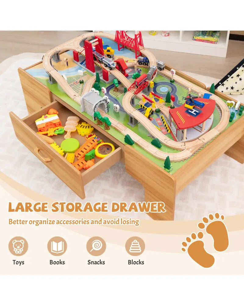100-Piece Double-Sided Wooden Train Set Table with Storage Drawer for Kids Age 3 + Natural - Learning Toys