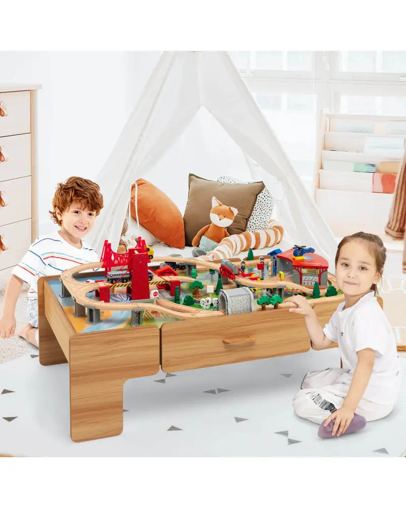100-Piece Double-Sided Wooden Train Set Table with Storage Drawer for Kids Age 3 + Natural - Learning Toys