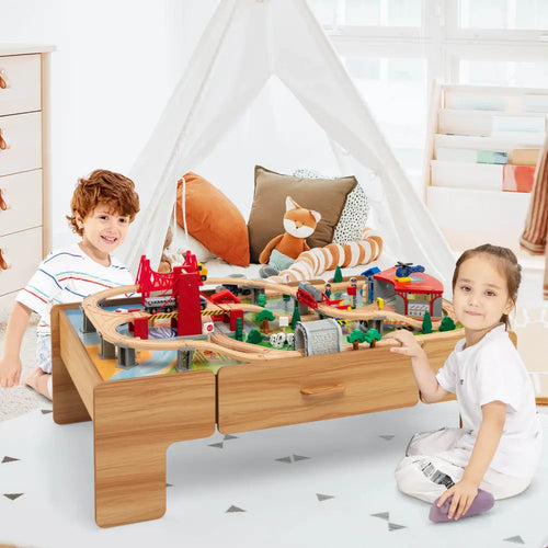 100-Piece Double-Sided Wooden Train Set Table with Storage Drawer for Kids Age 3 + Natural - Learning Toys