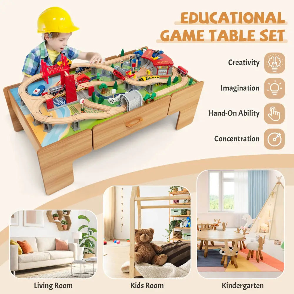100-Piece Double-Sided Wooden Train Set Table with Storage Drawer for Kids Age 3 + Natural - Learning Toys