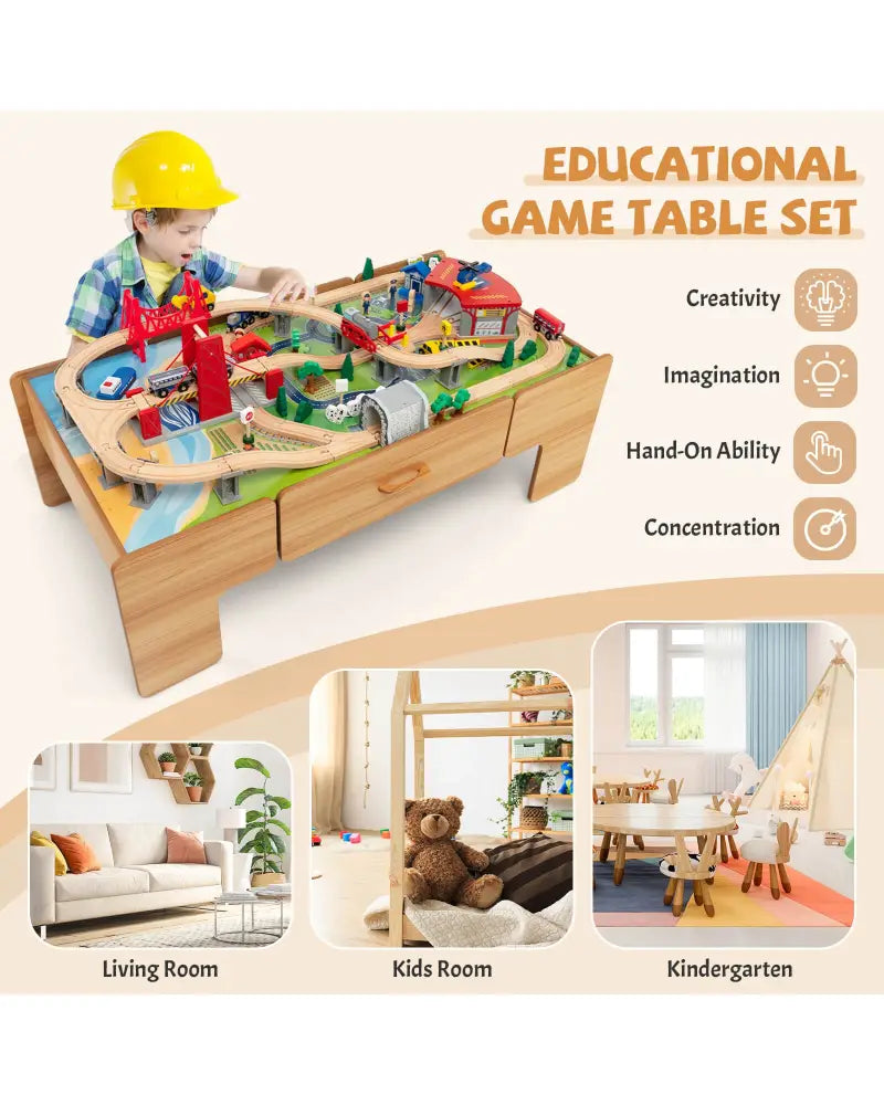 100-Piece Double-Sided Wooden Train Set Table with Storage Drawer for Kids Age 3 + Natural - Learning Toys