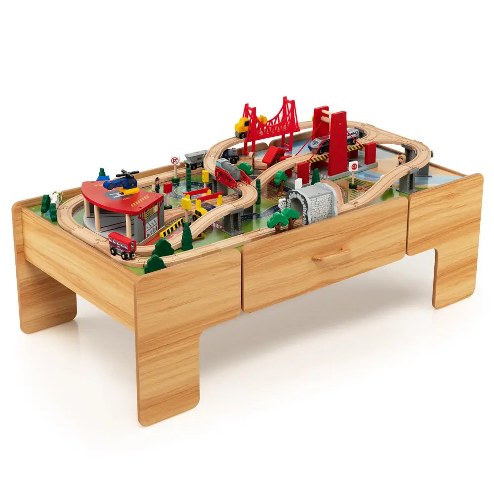 100-Piece Double-Sided Wooden Train Set Table with Storage Drawer for Kids Age 3 + Natural - Learning Toys