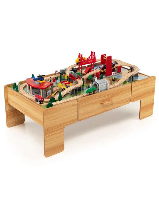100-Piece Double-Sided Wooden Train Set Table with Storage Drawer for Kids Age 3 + Natural - Learning Toys