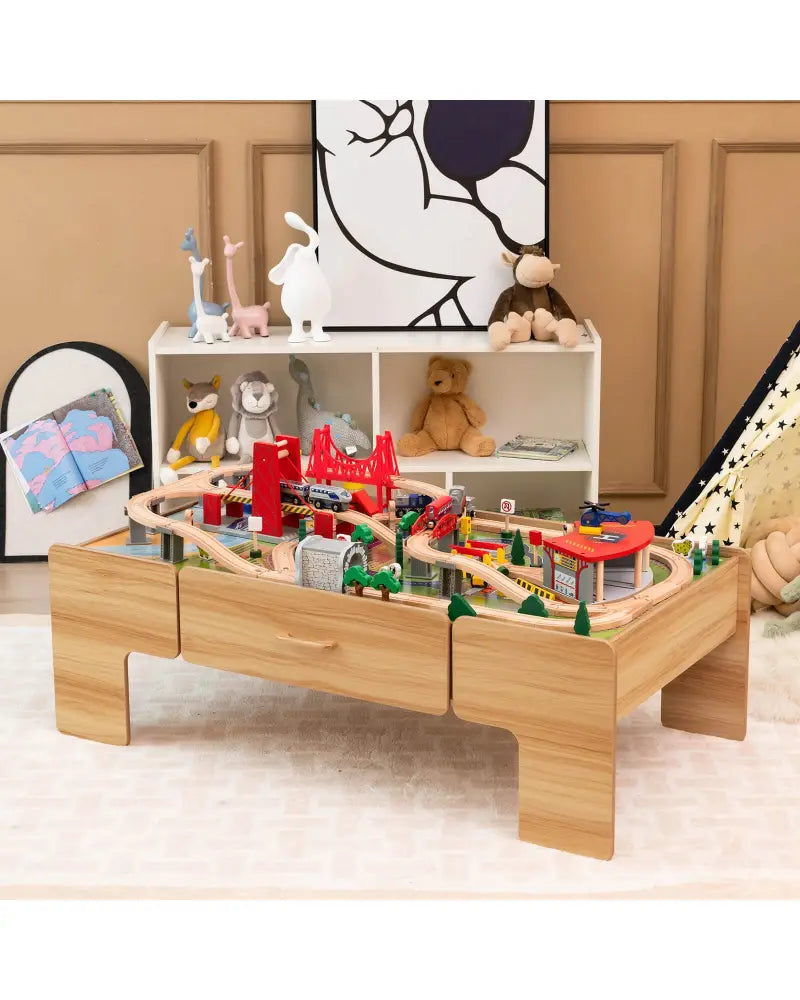 100-Piece Double-Sided Wooden Train Set Table with Storage Drawer for Kids Age 3 + Natural - Learning Toys