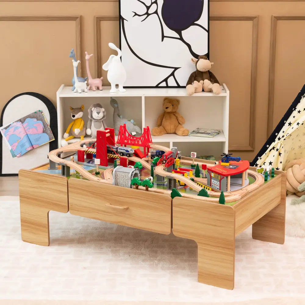 100-Piece Double-Sided Wooden Train Set Table with Storage Drawer for Kids Age 3 + Natural - Learning Toys
