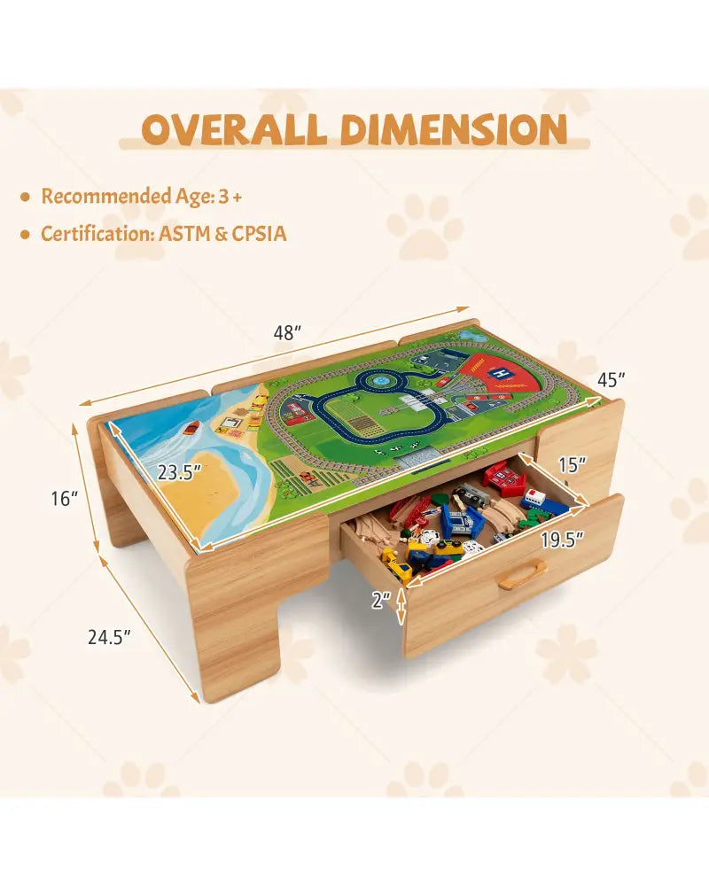 100-Piece Double-Sided Wooden Train Set Table with Storage Drawer for Kids Age 3 + Natural - Learning Toys