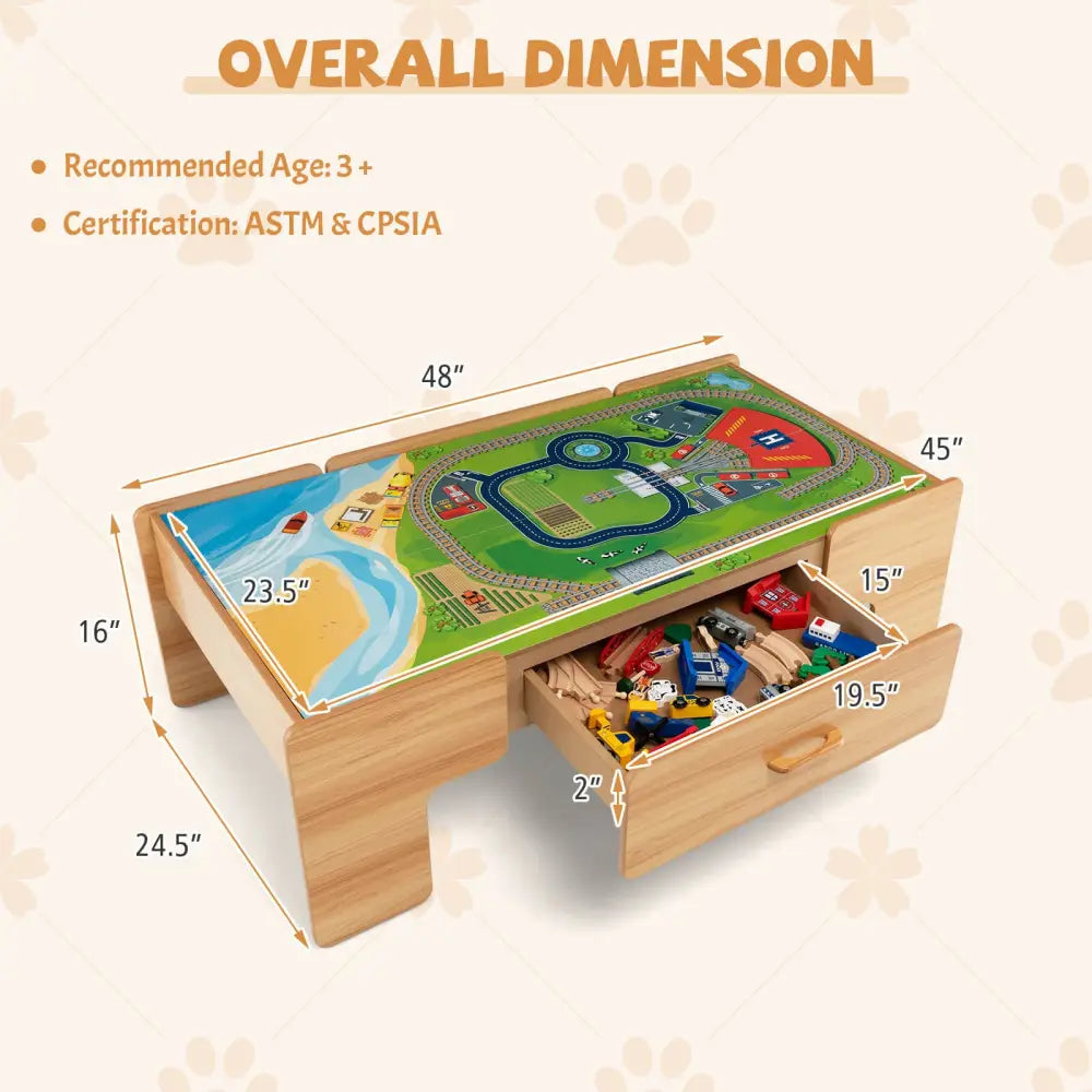 100-Piece Double-Sided Wooden Train Set Table with Storage Drawer for Kids Age 3 + Natural - Learning Toys