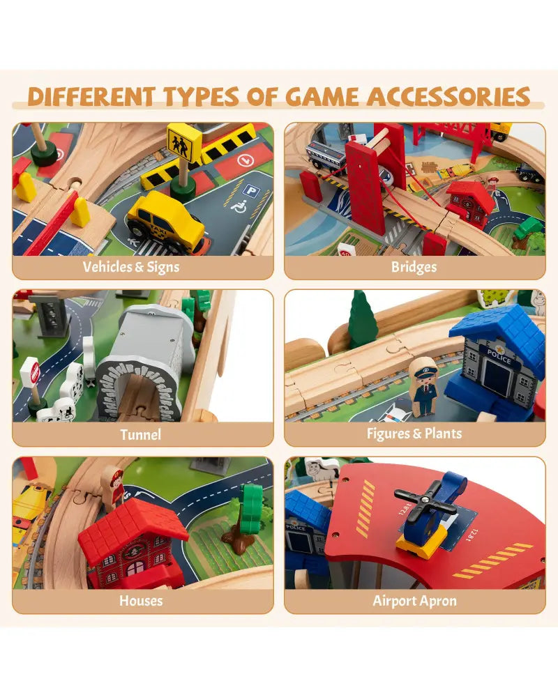 100-Piece Double-Sided Wooden Train Set Table with Storage Drawer for Kids Age 3 + Natural - Learning Toys
