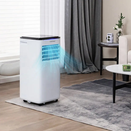 Costway 10,000 BTU 3-in-1 portable air conditioner showing control panel, vent openings, and compact design for cooling, fan, and dehumidifier modes.