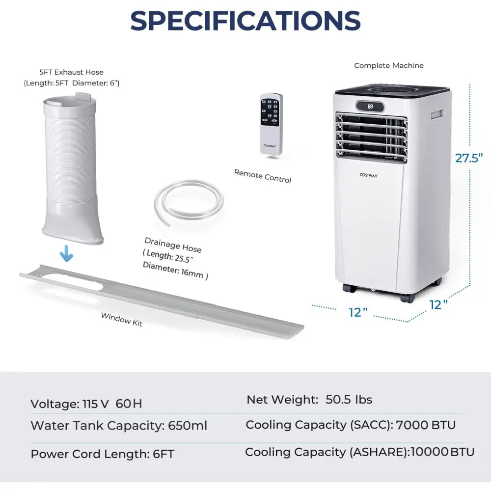 10000 BTU 4-in-1 Portable Air Conditioner with Dehumidifier and Fan Mode-White - White - Portable Air Conditioners