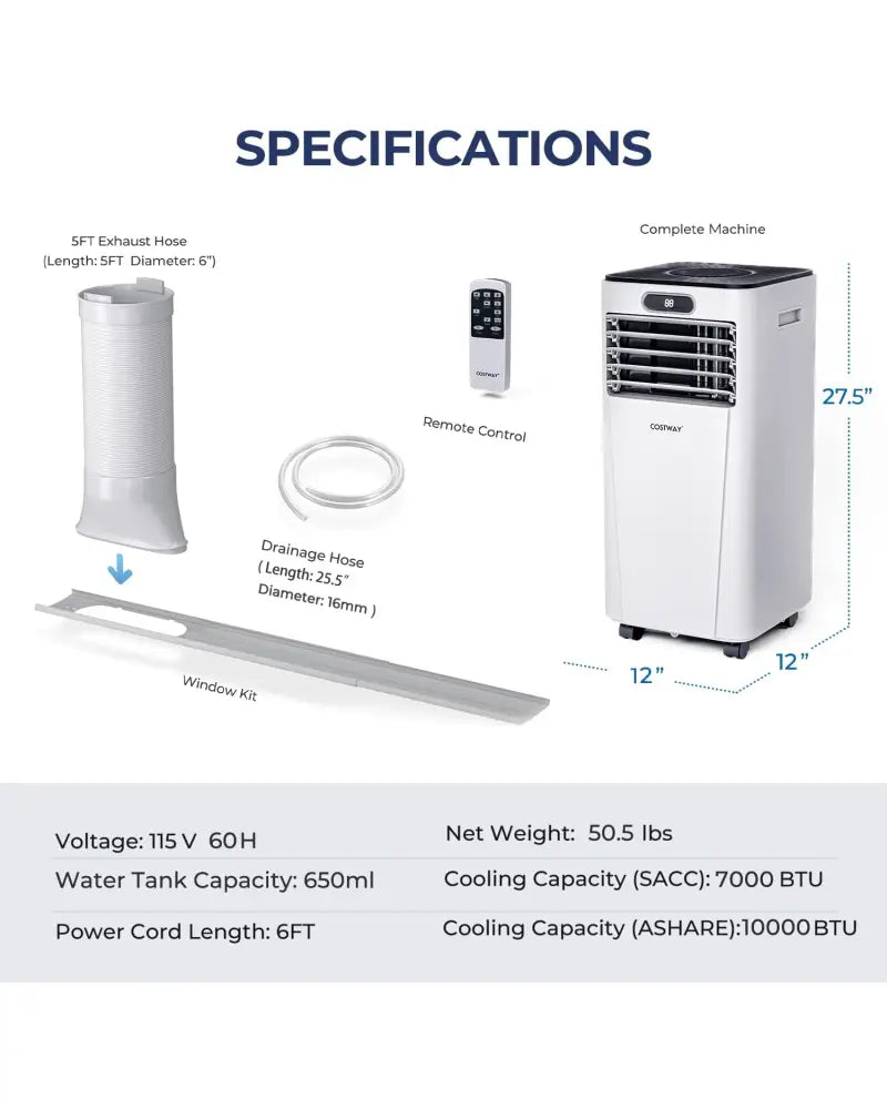 10000 BTU 4-in-1 Portable Air Conditioner with Dehumidifier and Fan Mode-White - White - Portable Air Conditioners