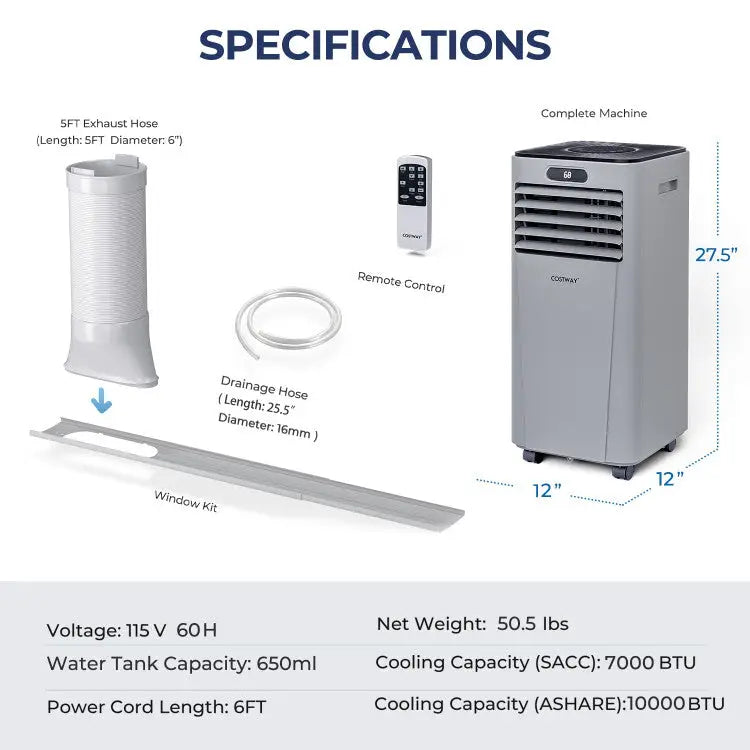 10000 BTU Portable Air Conditioner with Remote Control-Gray - Gray - Portable Air Conditioners