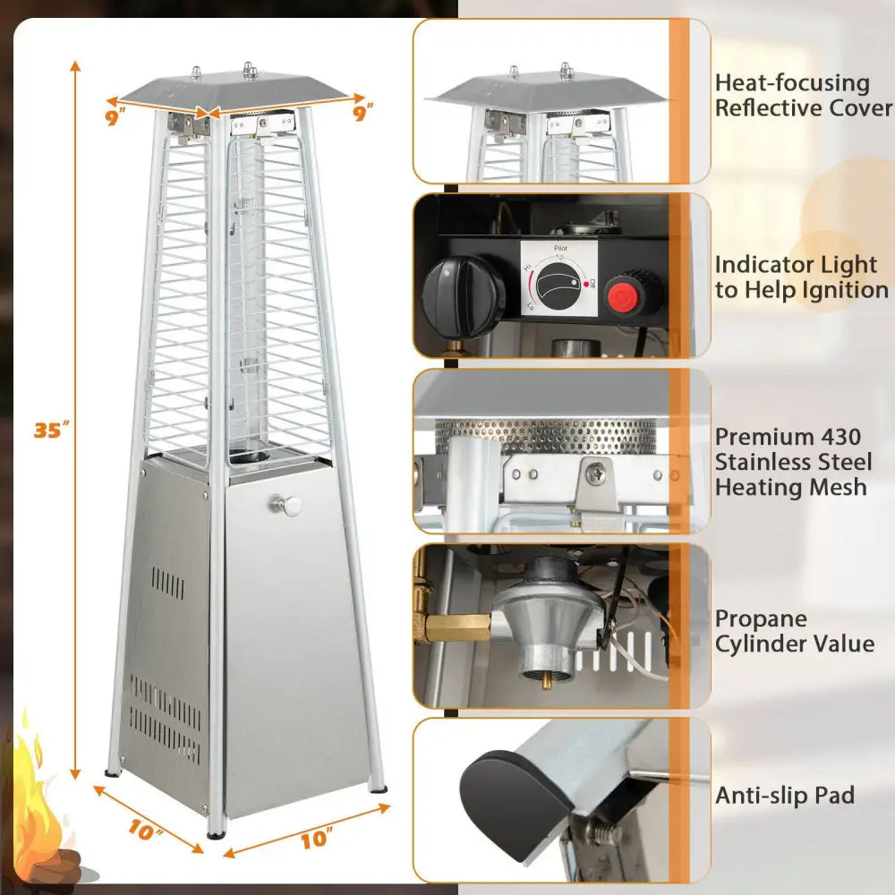 10000 BTU Portable Stainless Steel Tabletop Patio Heater with Glass Tube - Silver - Patio Heaters
