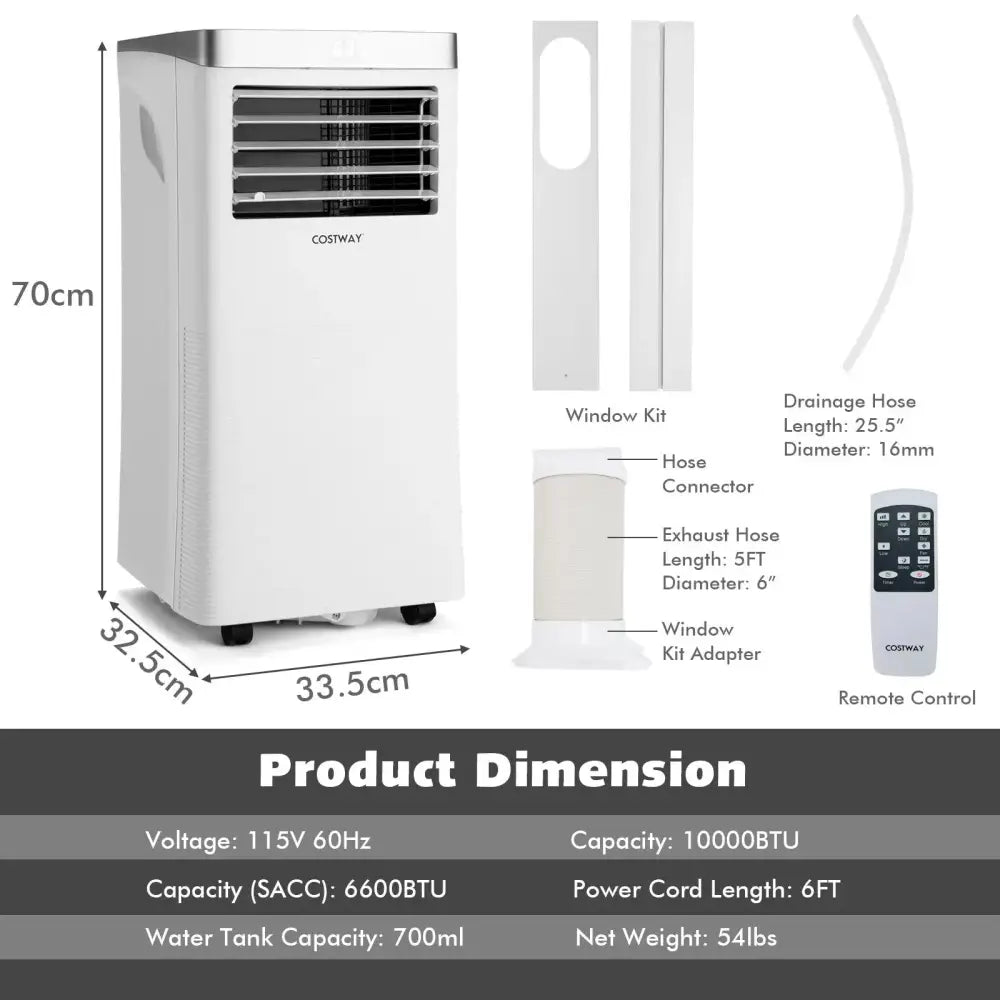 10000BTU 3-in-1 Portable Air Conditioner with Remote Control-White Costway