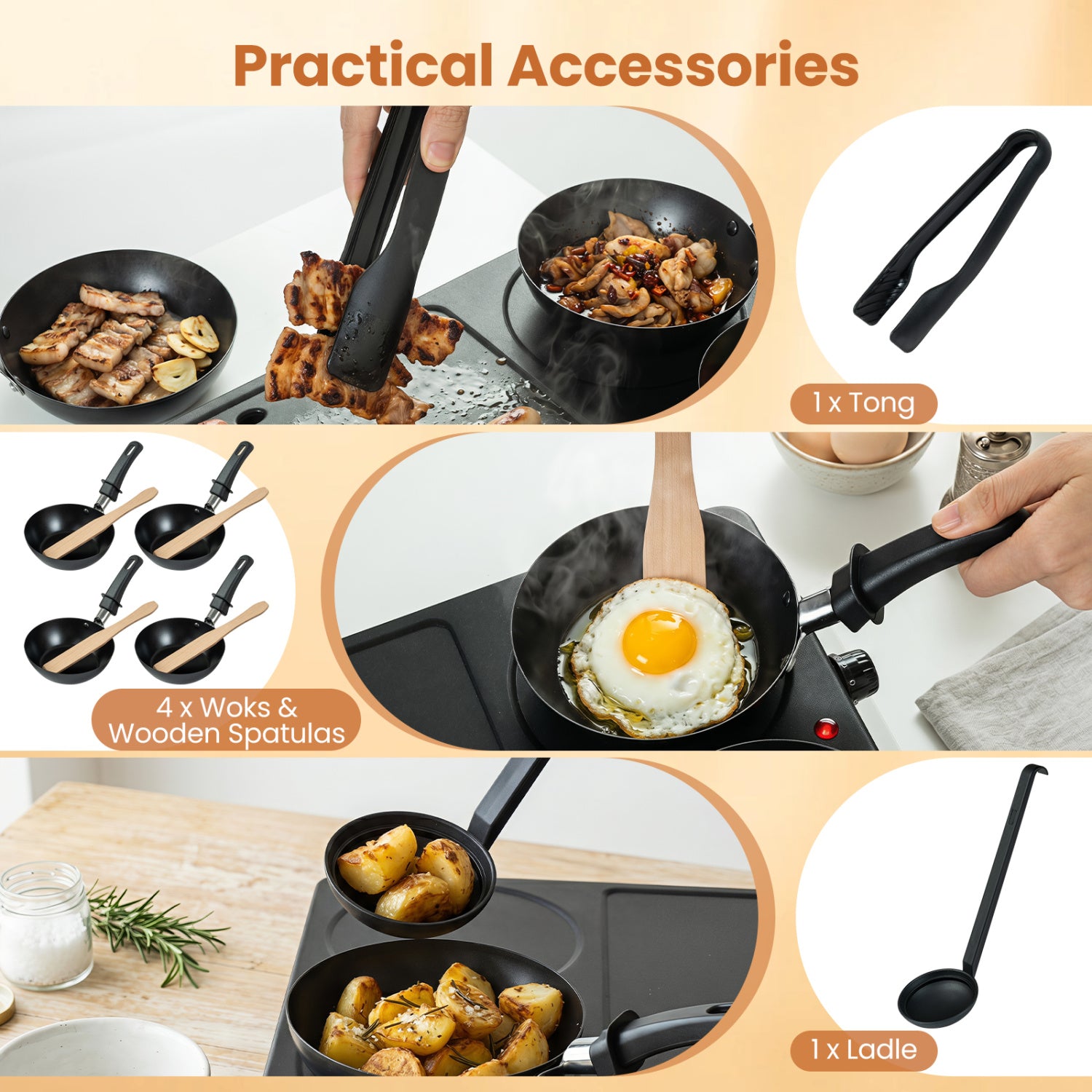 1000W Electric Grill Griddle with 4 Nonstick Woks and Wooden Spatulas for Pancakes