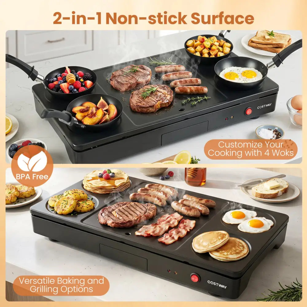 1000W Electric Grill Griddle with 4 Nonstick Woks and Wooden Spatulas for Pancakes - Cookware & Bakeware