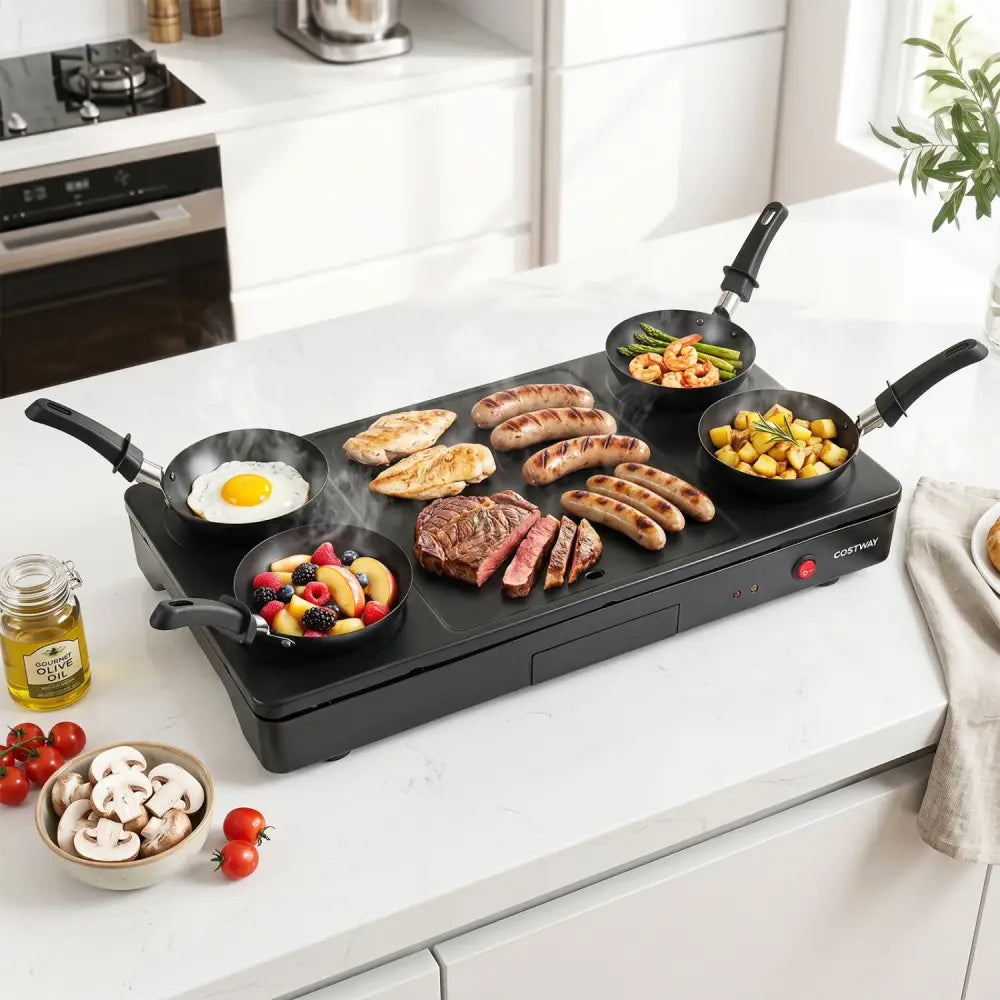 1000W Electric Grill Griddle with 4 Nonstick Woks and Wooden Spatulas for Pancakes - Cookware & Bakeware