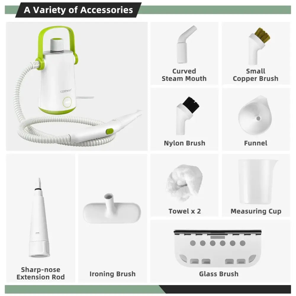 1000W Multifunction Portable Hand-held Steam Cleaner with 10 Accessories-Green Costway