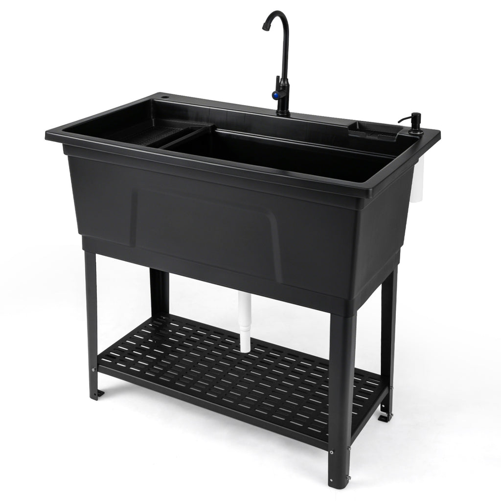 100L Utility Sink Laundry Tub with Rotating Faucet and Storage Shelf-Black