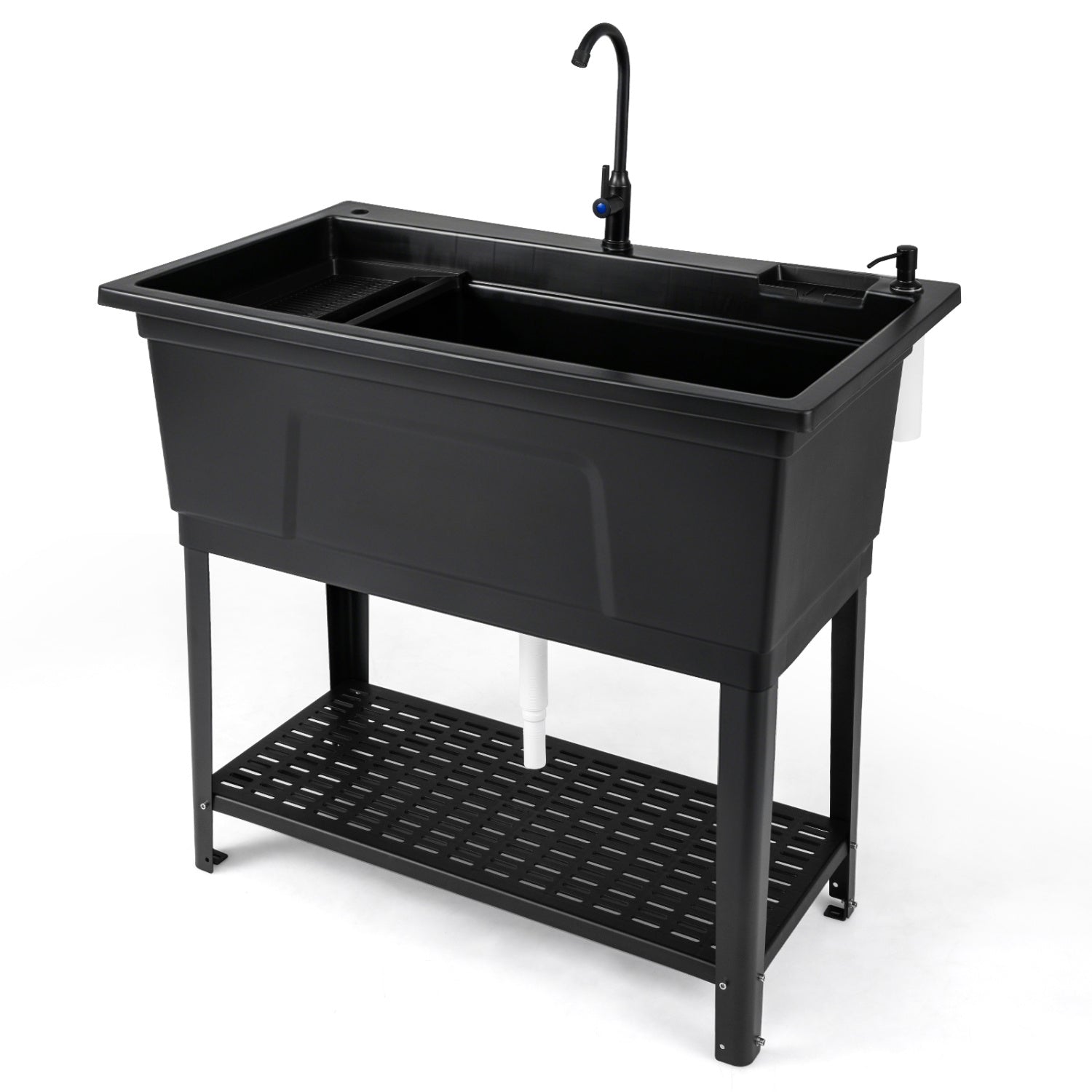 100L Utility Sink Laundry Tub with Rotating Faucet and Storage Shelf-Black
