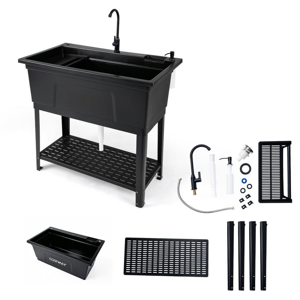 100L Utility Sink Laundry Tub with Rotating Faucet and Storage Shelf-Black