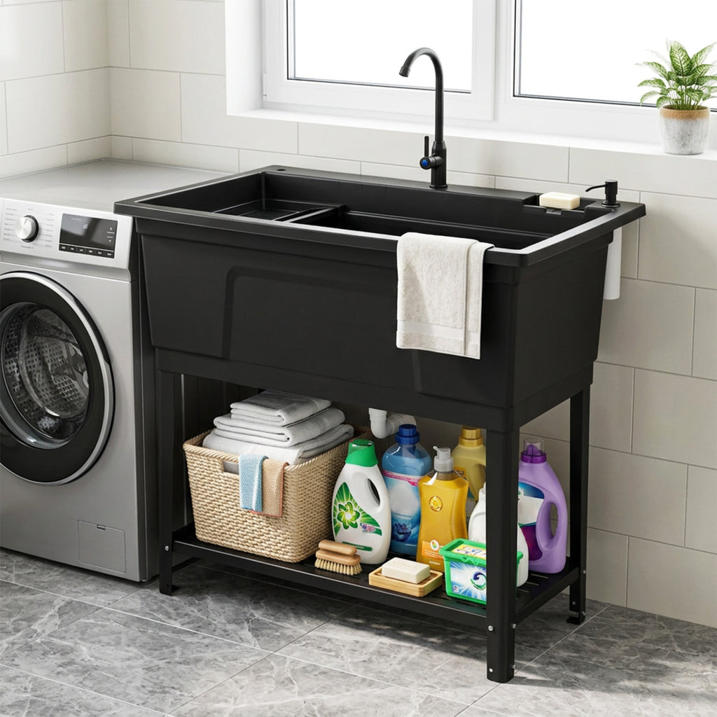 100L Utility Sink Laundry Tub with Rotating Faucet and Storage Shelf-Black