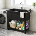 100L Utility Sink Laundry Tub with Rotating Faucet and Storage Shelf-Black
