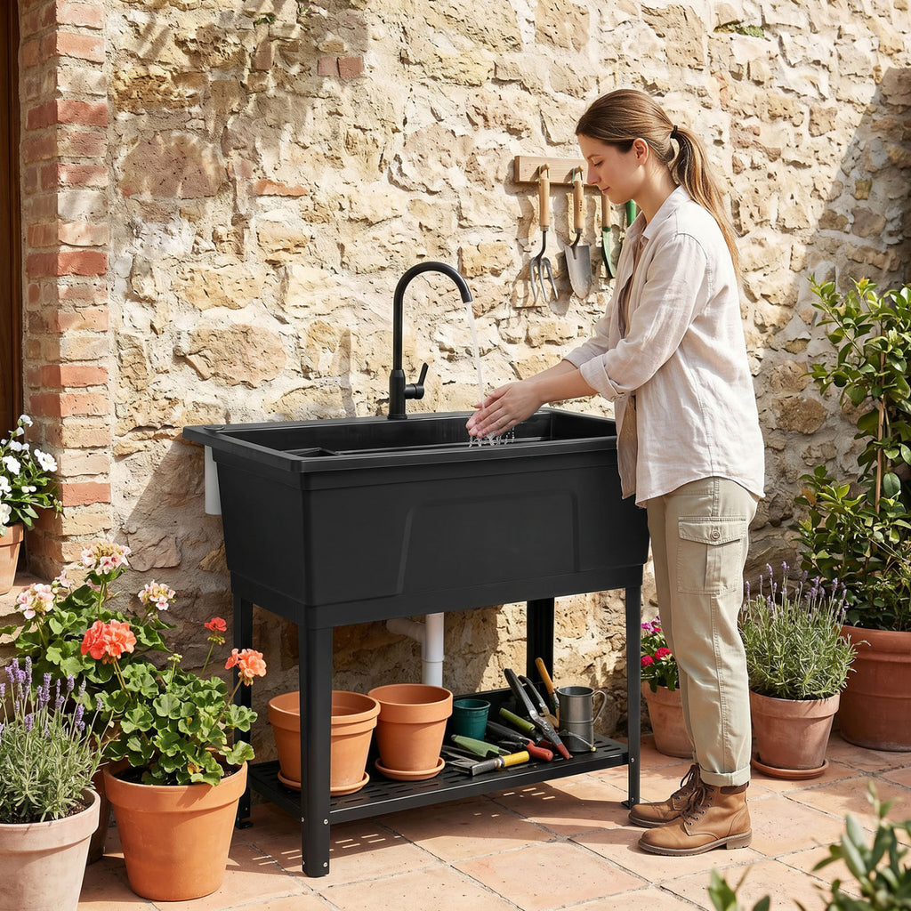 100L Utility Sink Laundry Tub with Rotating Faucet and Storage Shelf-Black