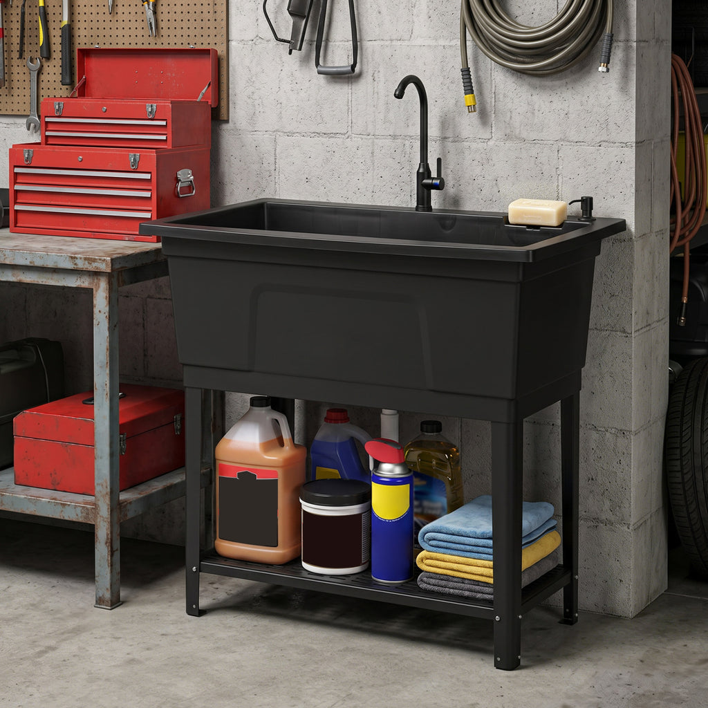 100L Utility Sink Laundry Tub with Rotating Faucet and Storage Shelf-Black