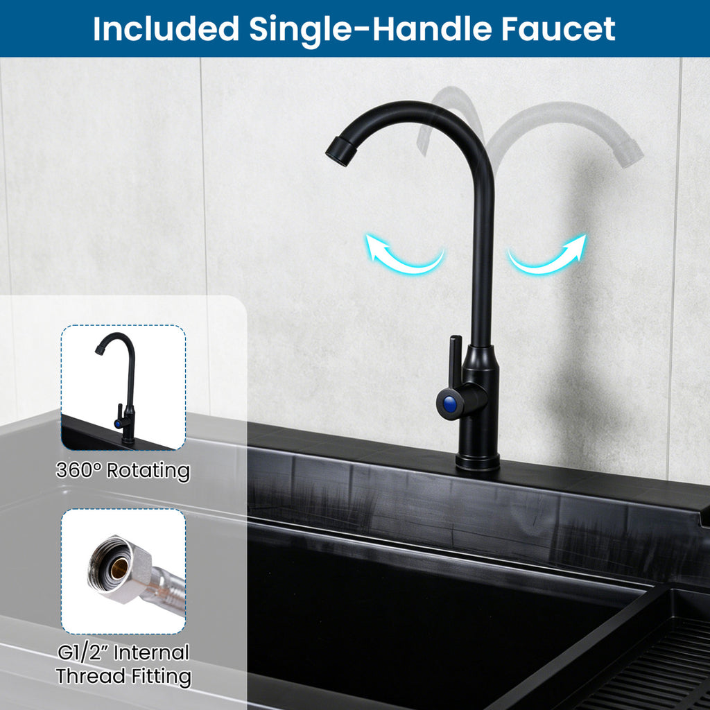 100L Utility Sink Laundry Tub with Rotating Faucet and Storage Shelf-Black