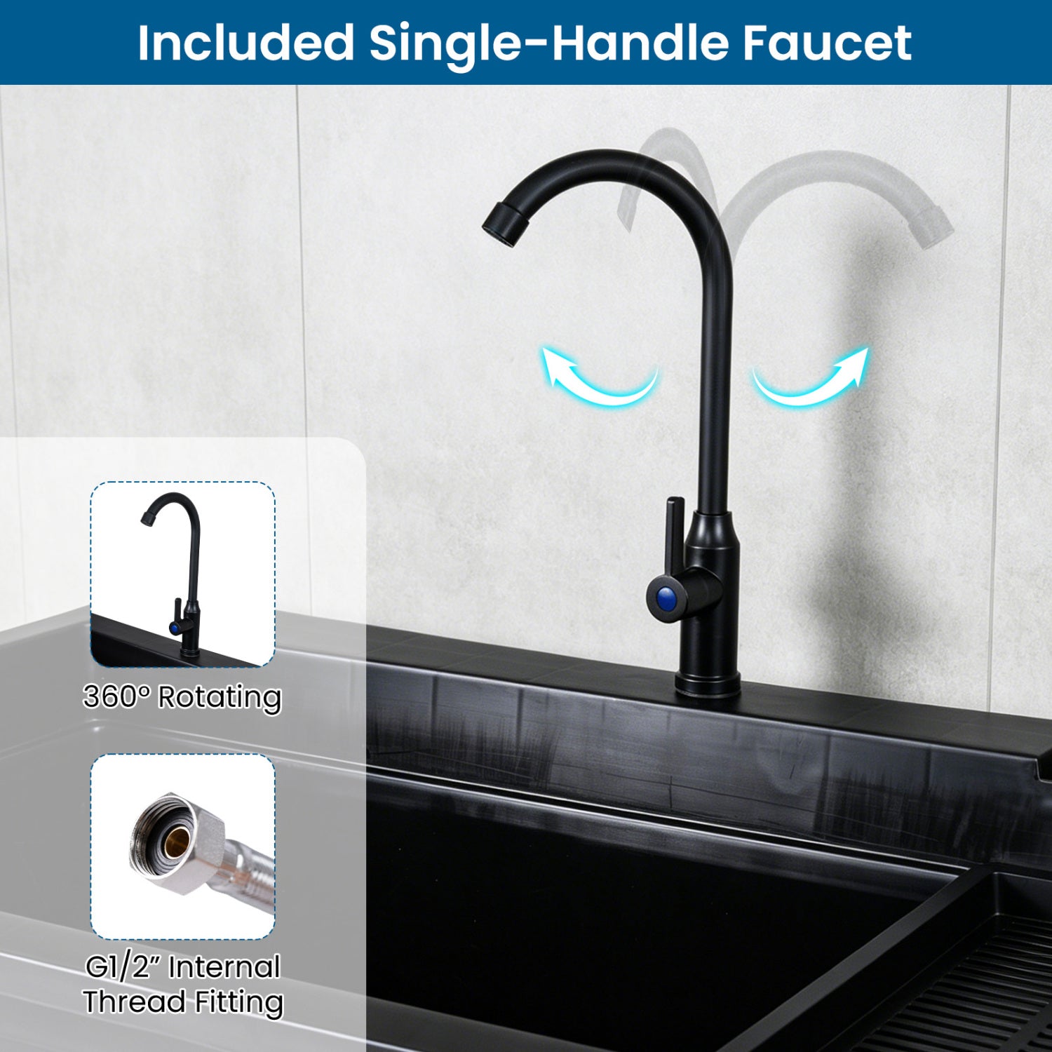 100L Utility Sink Laundry Tub with Rotating Faucet and Storage Shelf-Black